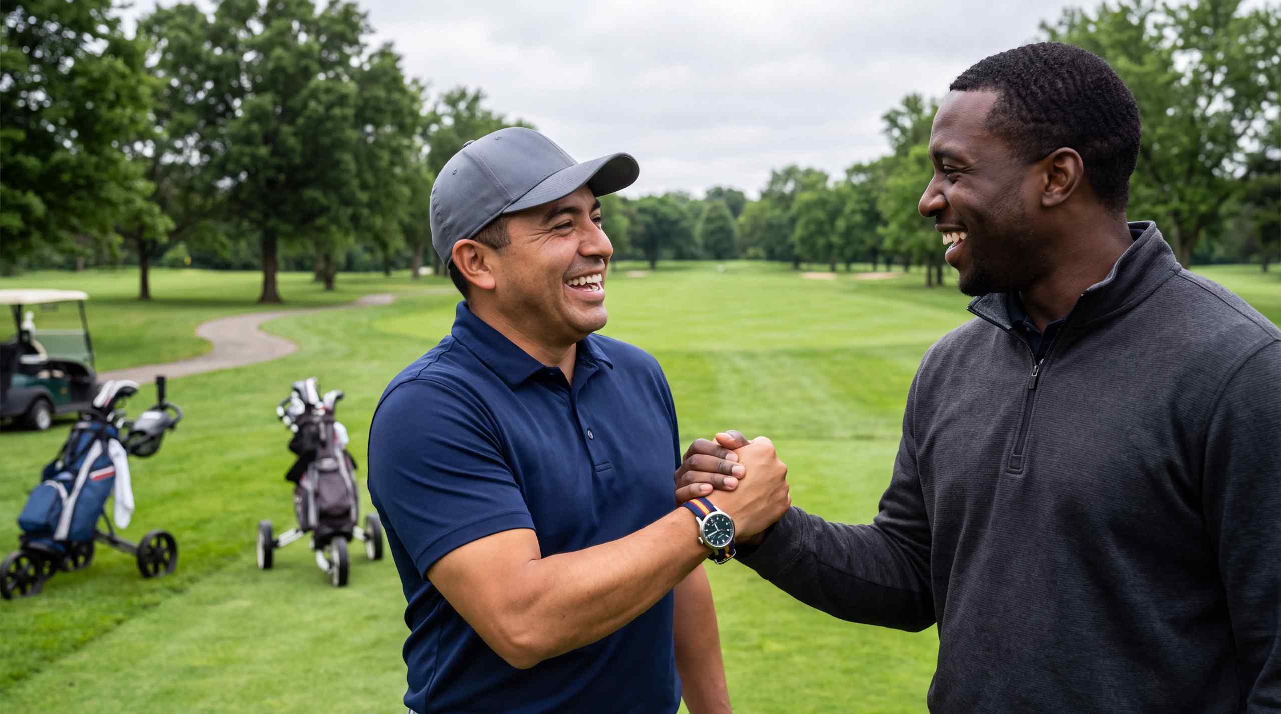 Two men make a friendly wager on the golf course.